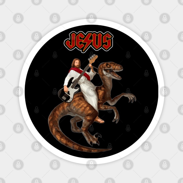 Jesus ridding a dinosaur with a guitar Magnet by VinagreShop